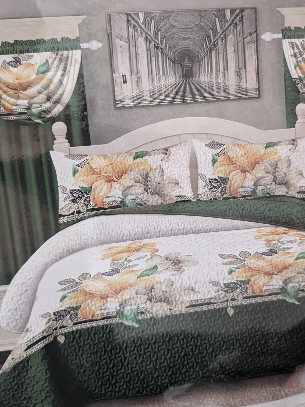 Floral Quilted Comforter Set in Green and Cream - Classic Bloom